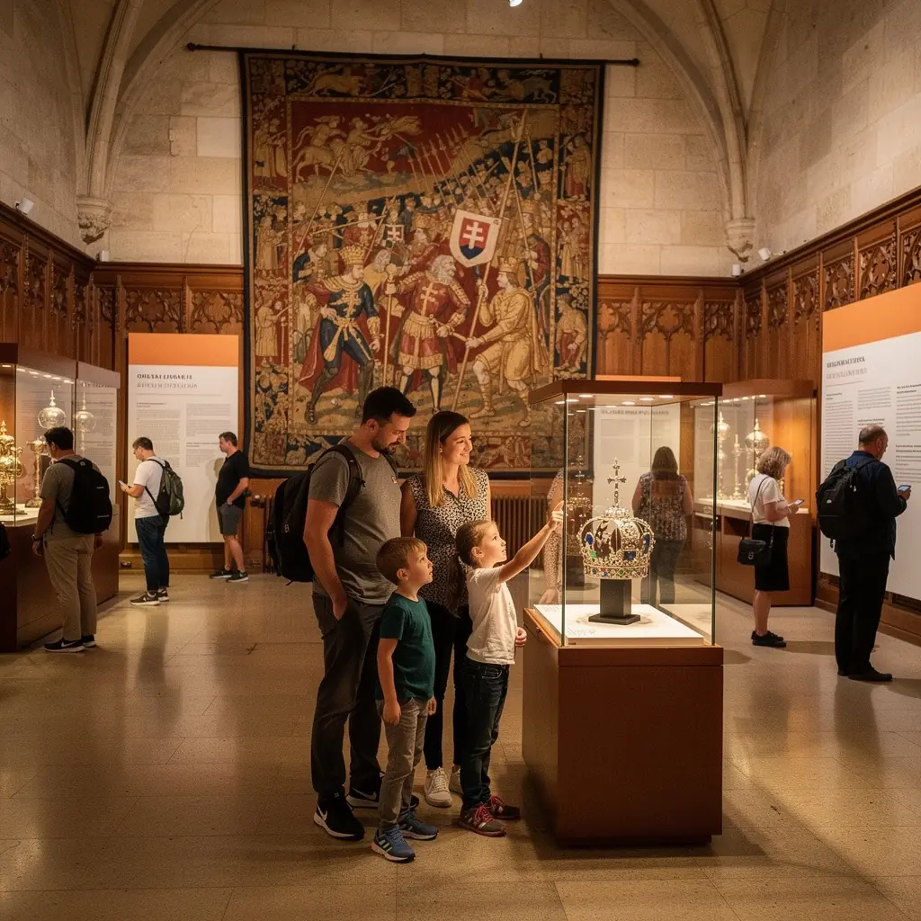A group of travelers enjoying a cultural performance, highlighting Slovakia's unique traditions and artistic expressions.